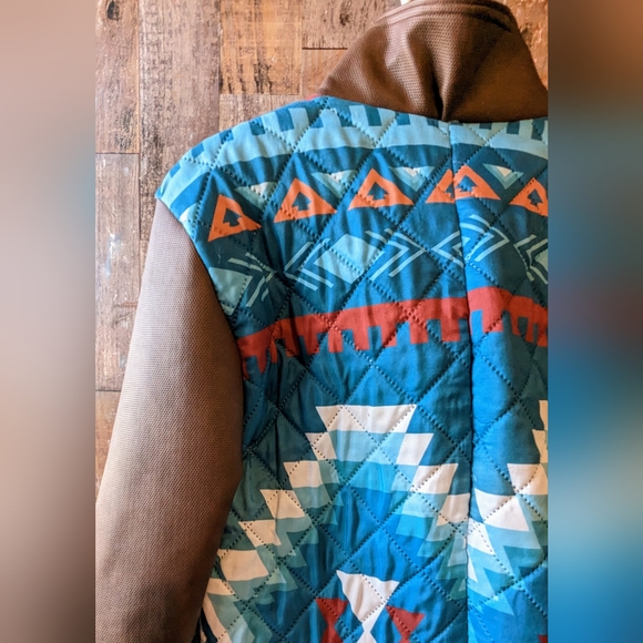 New Handcrafted By Donna Originals Aztec Blue Coat With Faux Suede Sleeves - Picture 12 of 15